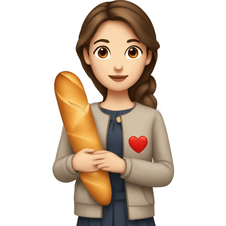 a french girl with brown hair and brown eyes holding a baguette with an emoji heart emoji