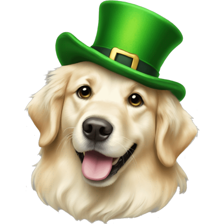 English cream golden retriever wearing a leprechaun hat emoji