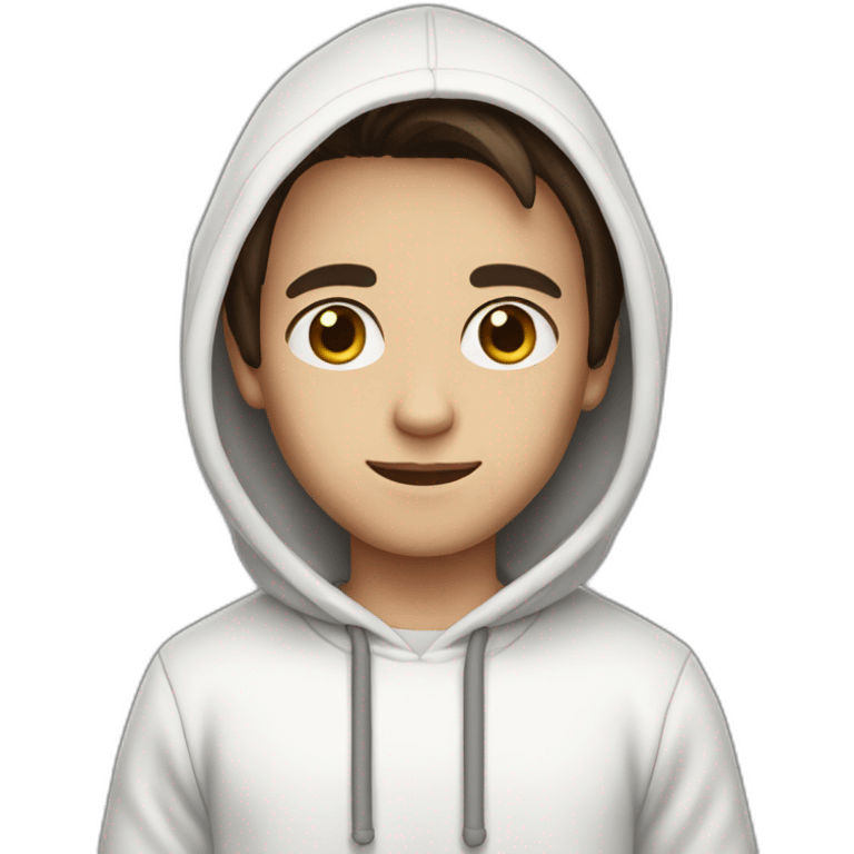 Boy with semi-long semi-dark brown hair with a white hoodie and black eyes emoji