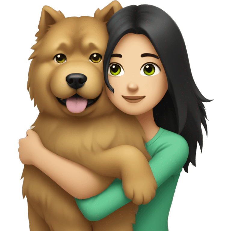 girl with long black hair and green eyes hugging a chow chow dog emoji