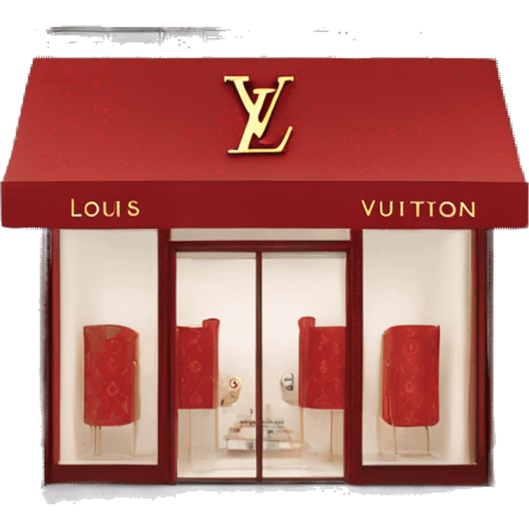 “Louis Vuitton store exterior with a red facade, iconic LV monogram, large glass windows, and elegant entrance doors.” emoji