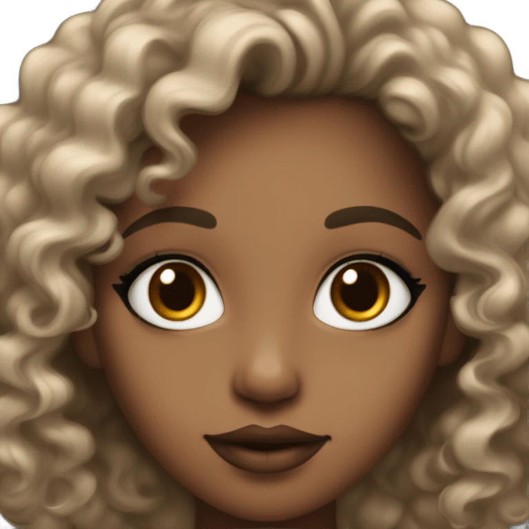 A mixed black and white girl, with curly 4a hair and brown almond eyes , matte lipstick on  emoji