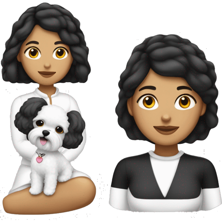 mujer con peinado largo negro n con perro bichon blanco emoji