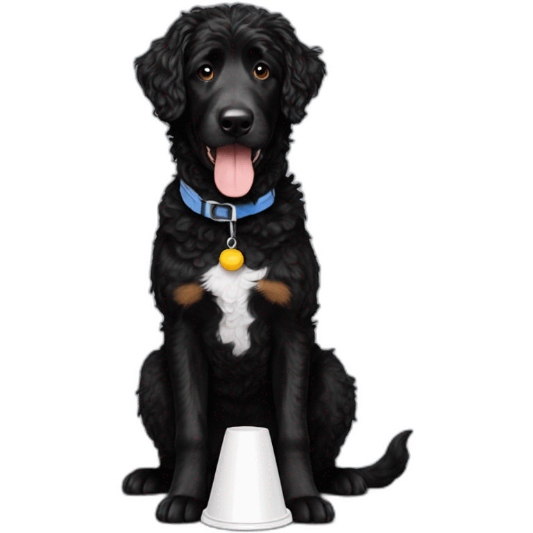 black aussie doodle wearing cone emoji