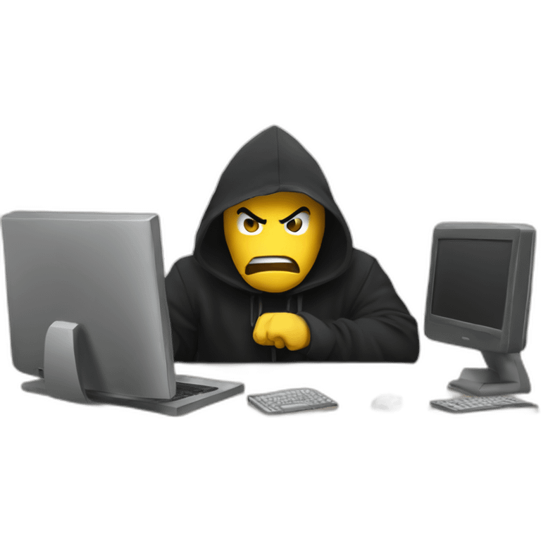 A angry Developer with a black hood behind his computer and taping on his keyboard emoji