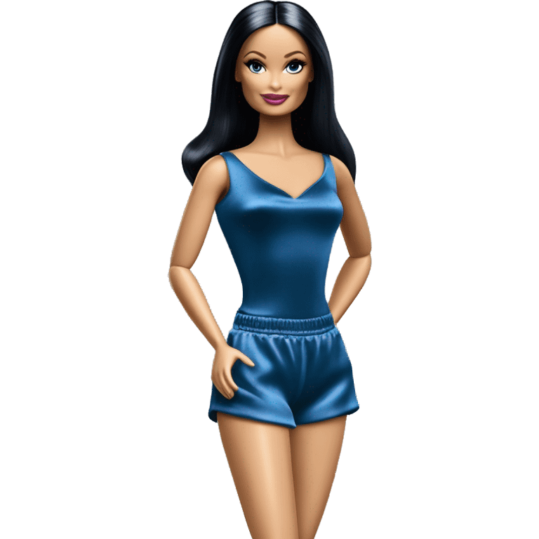 Barbie skipper. morticia Addams dressing and acting lounging around in saggy metallic blue silk voile shorts. emoji