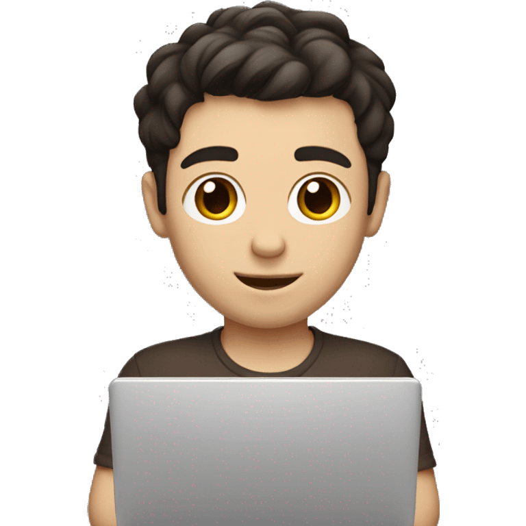 White boy, dark hair, brown eyes, mid split haircut. Developer holding a laptop. emoji