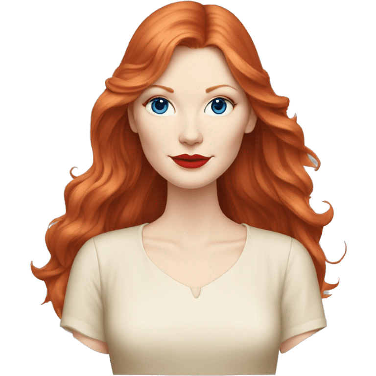 Kirsten Dunst, long red hair, blue eyes, pale skin, red lipstick, white t-shirt, beige skirt emoji