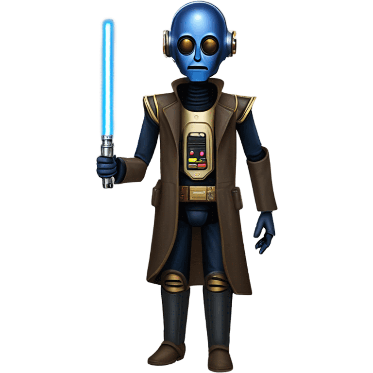 well-equipped jedi first order human-sized darkblue-pearl C3po as a friendly bounty hunter droid wearing a leather attire old west duster coat holding light saber ready  emoji