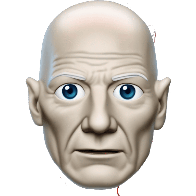 Jean luc picard from Star Trek assimilated by the Borg, with mechanical metal covering only the left side of his face, with wires and a red light on the left side. Both his eyes are unobstructed and are human blue eyes. emoji