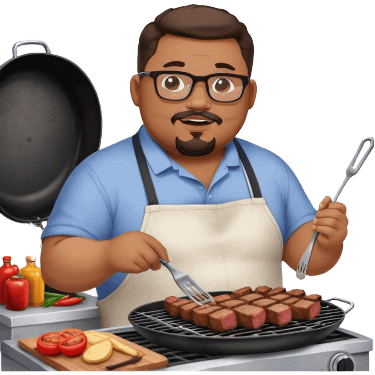 Muchacho guapo con lentes gordito con poca barba  de candado haciendo una carne asada  emoji