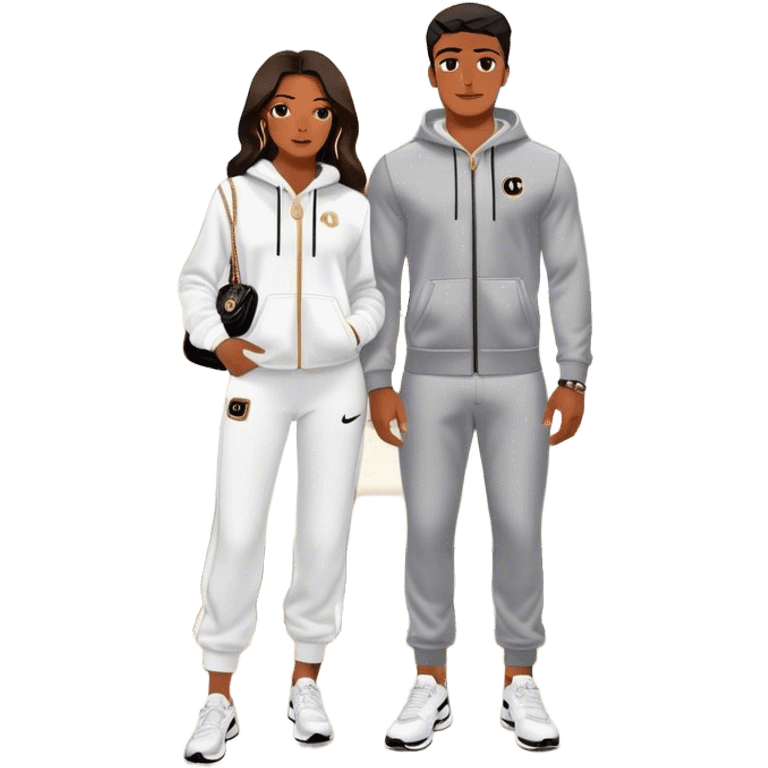 Realistic Man living his dream standing in the master bedroom of a mansion. He’s boo’d up with a pretty Brownskin big booty woman wearing a Chanel outfit and Bvlgari watch with her holding a Chanel bag. The man has on a Nike Tech Fleece sweatsuit. The man isn’t holding a bag emoji