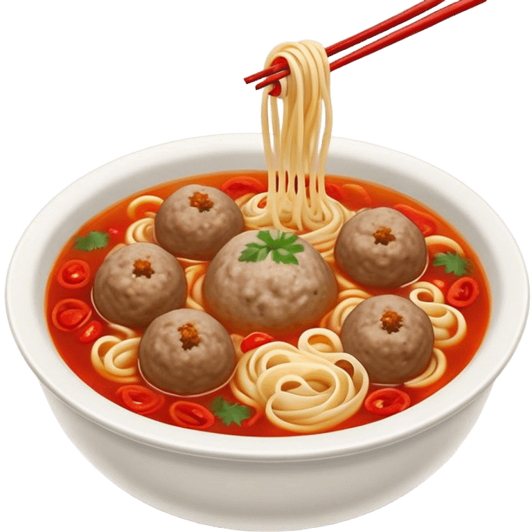 Cinematic Realistic Bakso Dish Emoji, showcasing savory meatball soup with noodles rendered with detailed textures and warm, inviting lighting. emoji