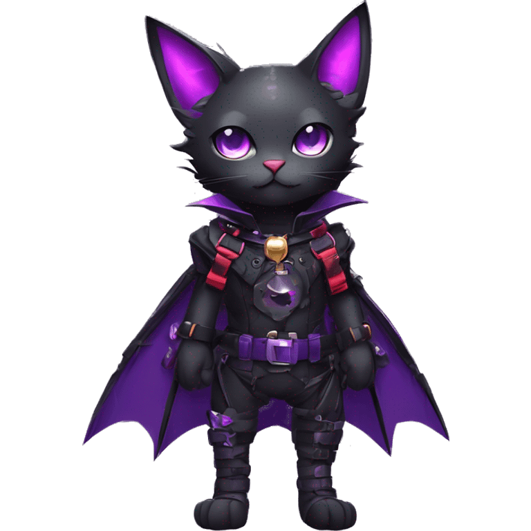 cool kawaii edgy evil techwear black purple red ethereal fantasy beautiful elegant bat-cat-Fakemon wearing legs spats a collar harness with jewelries full body emoji