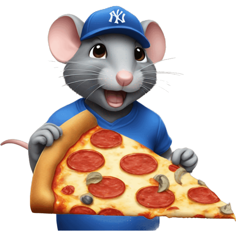 rat wearing blue New York yankee cap while eating a big pizza emoji