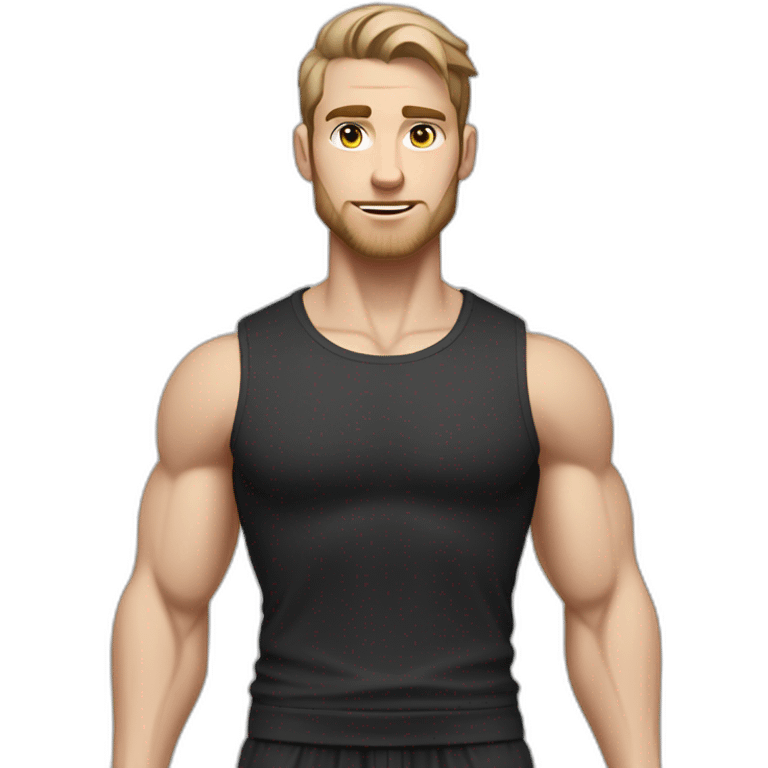 Pale skinned Fit Man With the biceps and dark brown hair in black shirt, gray sports shorts and white Sneakers emoji