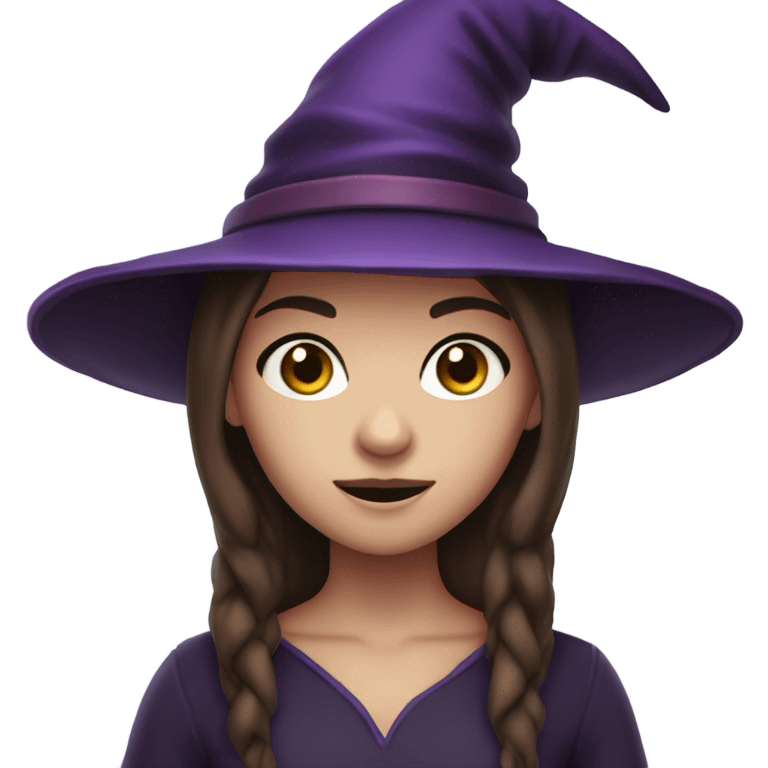 a young white thin girl with straight brown hair and dark eyes dressed as a witch with purple hat emoji