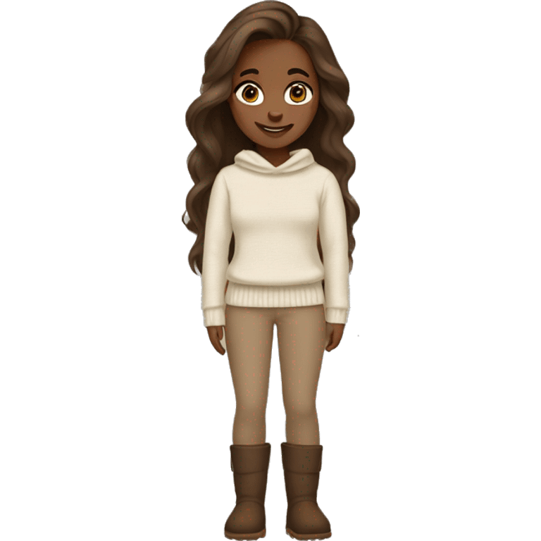 Girl with long lashes and long brown hair wearing a creamy sweater and light brown pants with brown uggs emoji