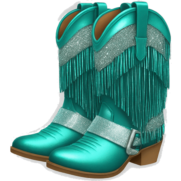 Realistic teal fashion cowgirl boots with sparkly shiny glitter fringe on them. emoji