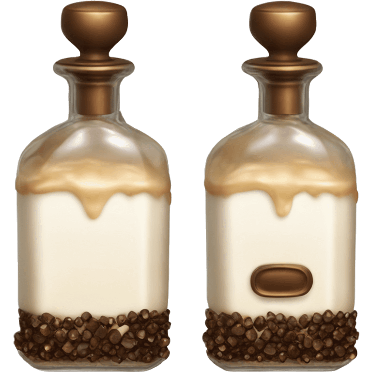 Antique parfumerie bottle with oil, made of bronze and brown crystals, white cream and coffee milk pour from the bottle emoji