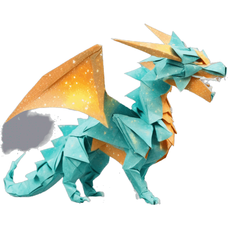 Sparkling patterned Beige Origami dragon with a dried flower crown made of newspapers intricate patterns surrounded by fairy lights nebula galaxy stars swirls iridescent orange cyan yellow emoji