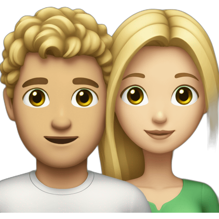 A couple consisting of white man with blonde hair and green eyes and white girl with long brown eyes and brown hair  emoji