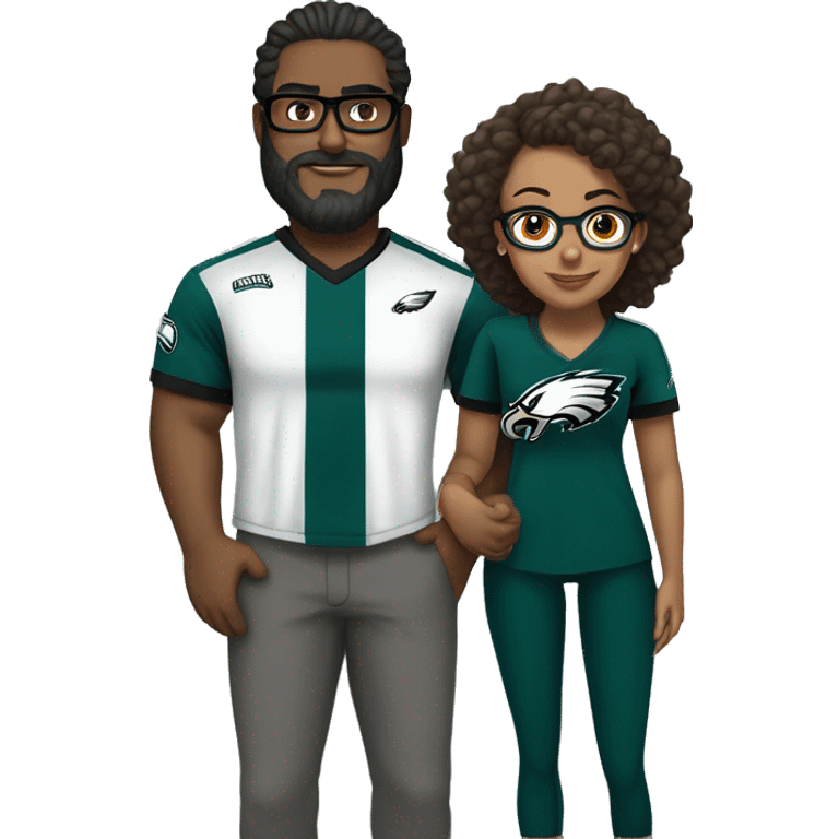 Heavy Brown guy no glasses with beard mustache and brown girl with glasses and her hair in a bun in Philadelphia eagles clothes holding hands emoji