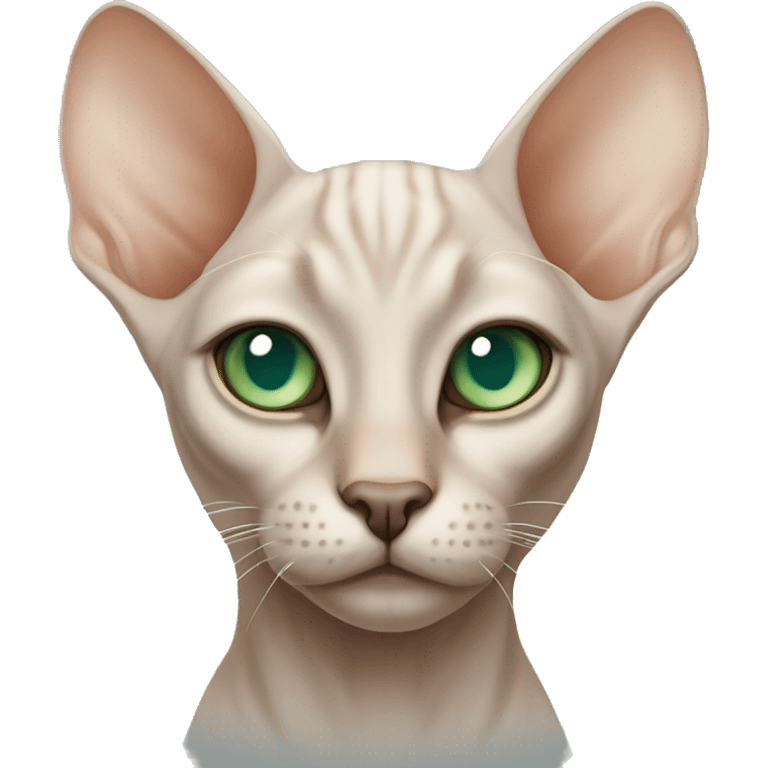 a full-bodied sphinx cat of white-peach color with green-blue eyes emoji