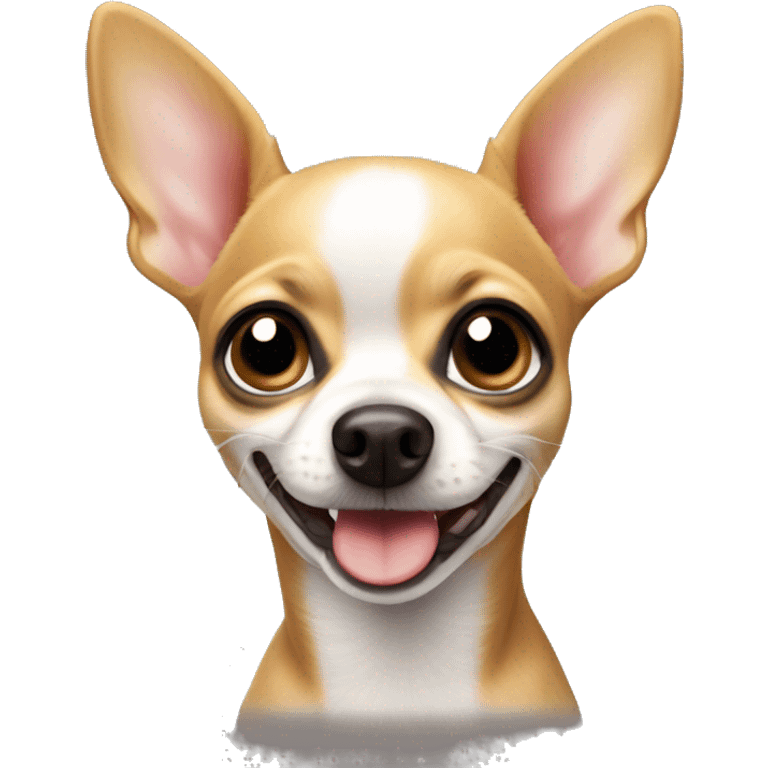 Short hair, apple head, fawm coloured chihuahua looking forward, tail wagging and very happy emoji