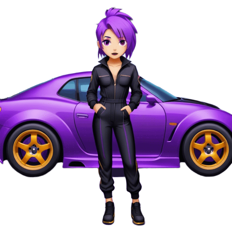 A street racer girl with messy purple hair, black jumpsuit, standing beside a neon-lit car. emoji