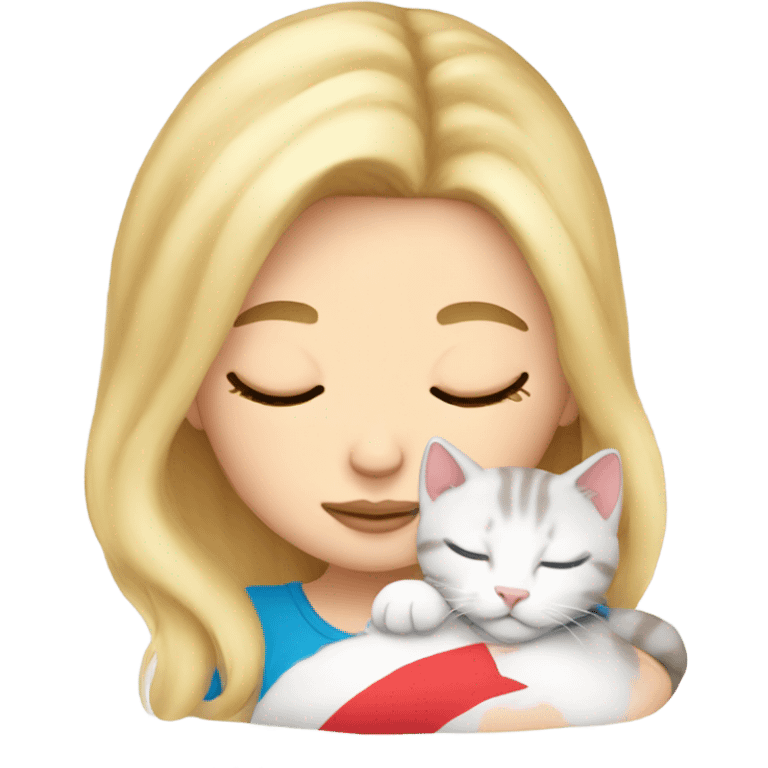 White girl blond hair sleeping with tricolor kitty emoji