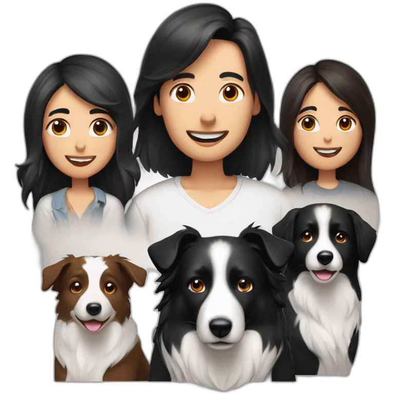 Family man, woman with black long hair and border collie, short hair, back and White, Big mole on snout emoji