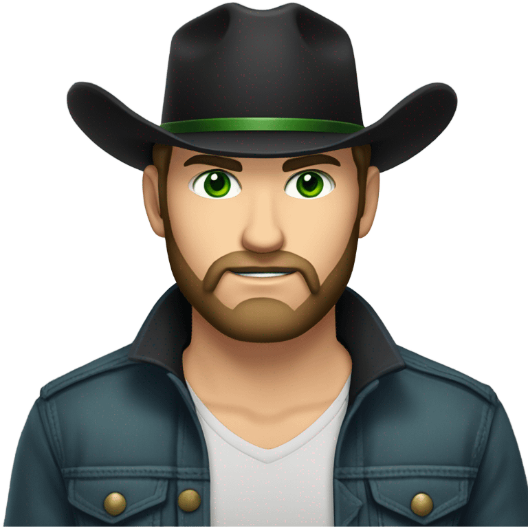 Caucasian male with green eyes, a dark beard with a black western hat with short hair emoji