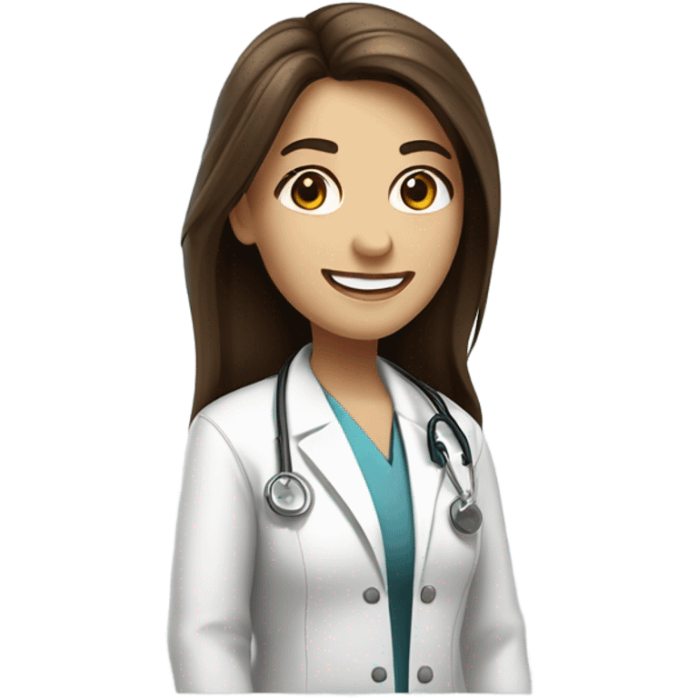 doctor, white skin, long straight hair, part in the middle of the hair, brown hair, big smile, female, baggy labcoat emoji