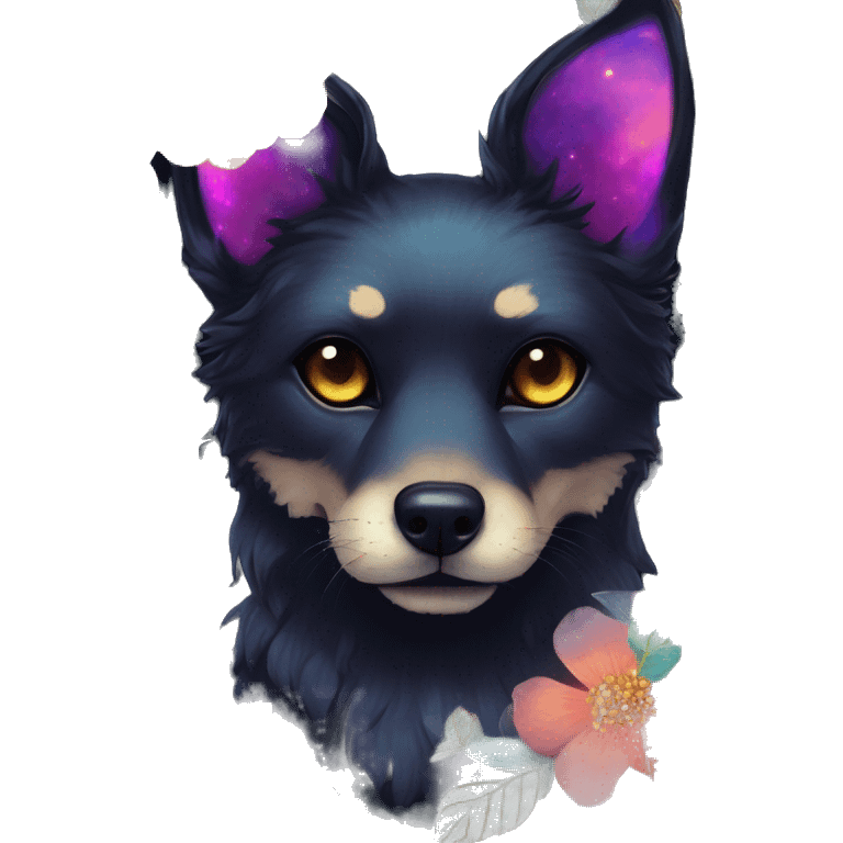 Black iridescent fluffy dog fox head zombie skull skeleton gold mechanical nebula galaxy stars colorful flowers fairy lights vintage emoji