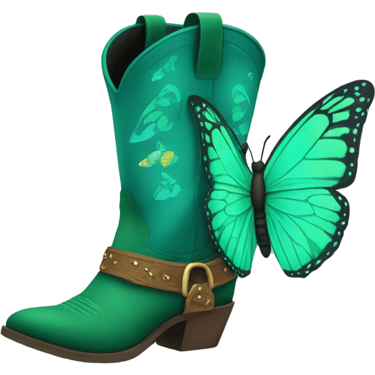 Green butterfly flying around a teal cowboy boots emoji