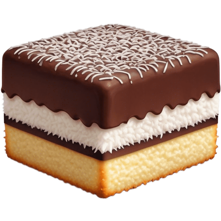 Lamington Cinematic Realistic Lamington Dessert Emoji, depicted as a sponge cake square coated in chocolate and dusted with coconut on all sides, rendered with lifelike textures and vibrant, tropical lighting. emoji