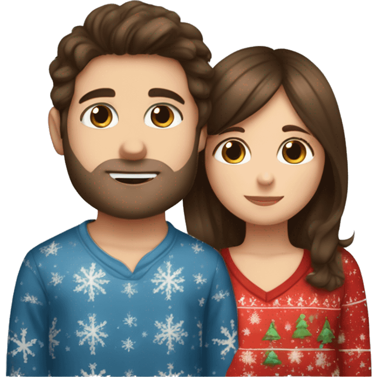 Brown hair girl with blue eyes kiss boy with dark hair and brown eyes the are wearing Christmas pijamas emoji