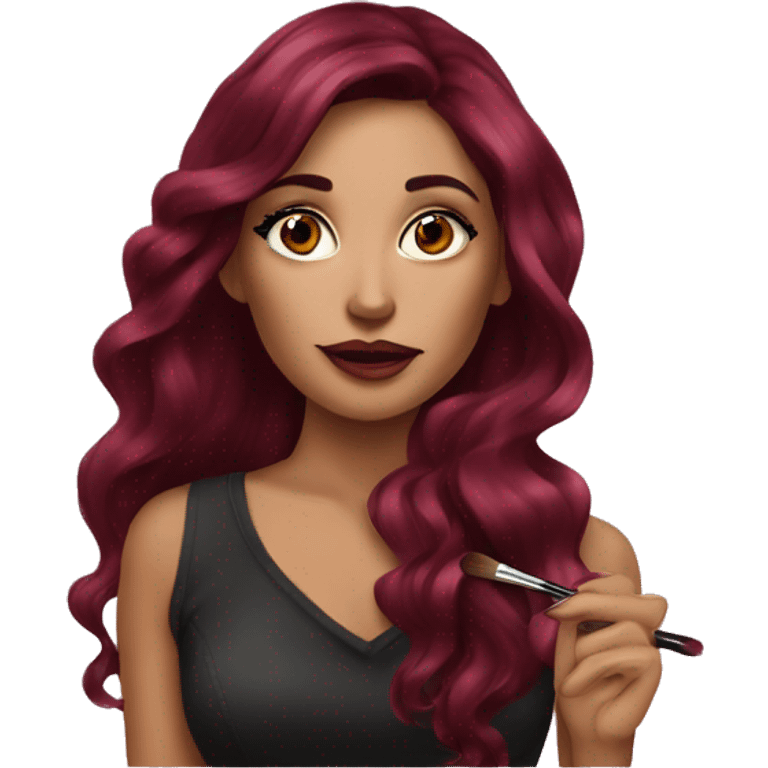 Beautiful tattooed burgundy long haired woman doing her makeup emoji