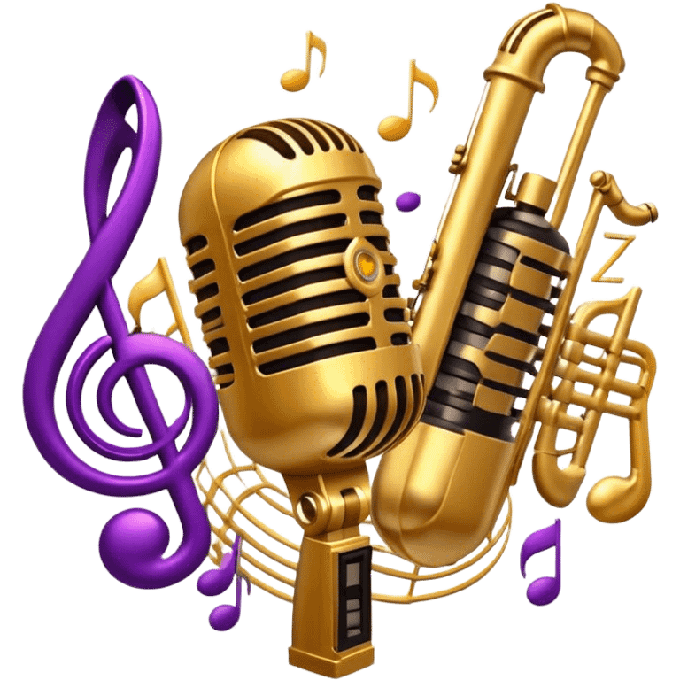 Create a vibrant and expressive emoji representing jazz vocal performance. The design should feature a vintage microphone at the center, surrounded by musical notes and soundwaves flowing outward, symbolizing the vocal improvisation and fluidity of jazz. Include key instruments often associated with jazz vocals, such as a jazz piano (stylized black keys) in the background and a saxophone or trumpet, giving it a true jazz vibe. Add soft lighting effects to evoke the intimate, atmospheric feel of a jazz club. Use rich colors like gold, black, deep purple, and red to reflect the soulful, smooth nature of jazz. The background should be transparent. emoji