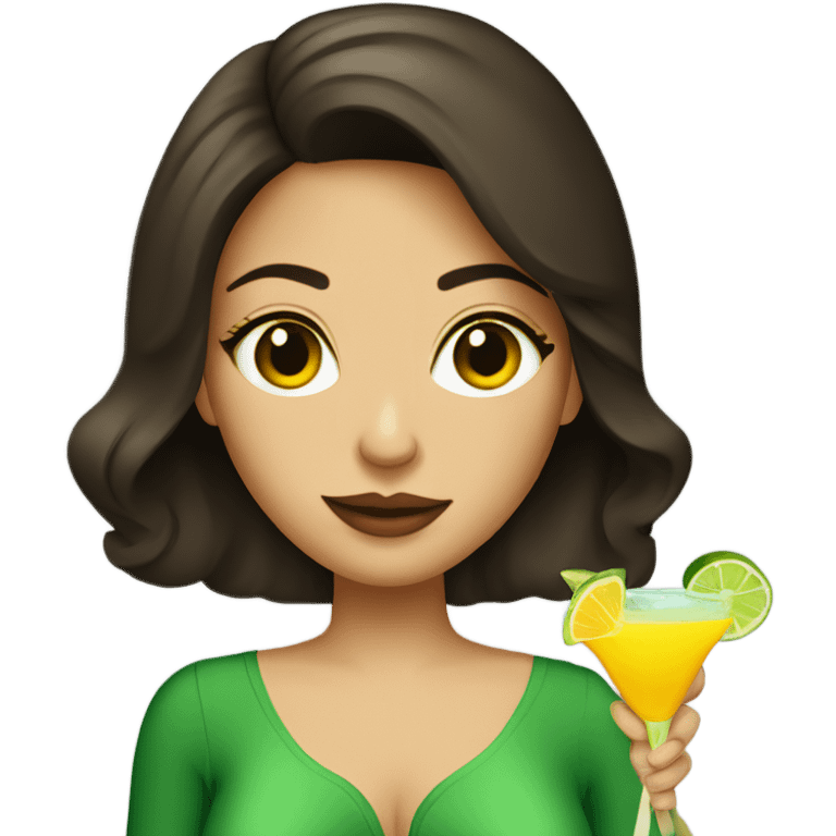 Brunette woman with green eyes drinking a Mango margarita  emoji