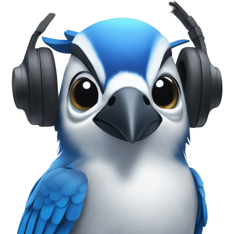 blue jay listening to music on headphones with a happy face emoji