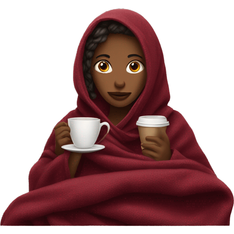 girl covered with a burgundy blanket drinks coffee emoji