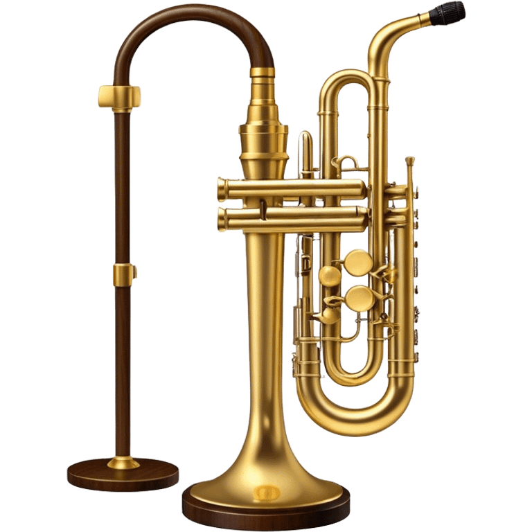 Create an elegant and atmospheric emoji representing jazz vocal performance. In the foreground, feature a vintage jazz microphone on a stand, with intricate details and a classic design. Behind it, place a grand jazz piano, with a sleek, polished finish, and on top of the piano, add a trumpet (Selmer Model 19 balanced action) resting gently. The design should evoke a sense of timeless jazz music, with flowing musical notes or subtle sound waves in the background. Use rich colors like gold, black, deep wood tones, and brass to highlight the vintage, high-quality instruments. The background should be transparent. emoji