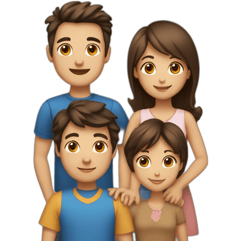 a family with a mother with brown hair and blue eyes, a father with black hair and brown eyes, two boys with brown hair and brown eyes, and a girl with brown bangs and brown eyes. emoji