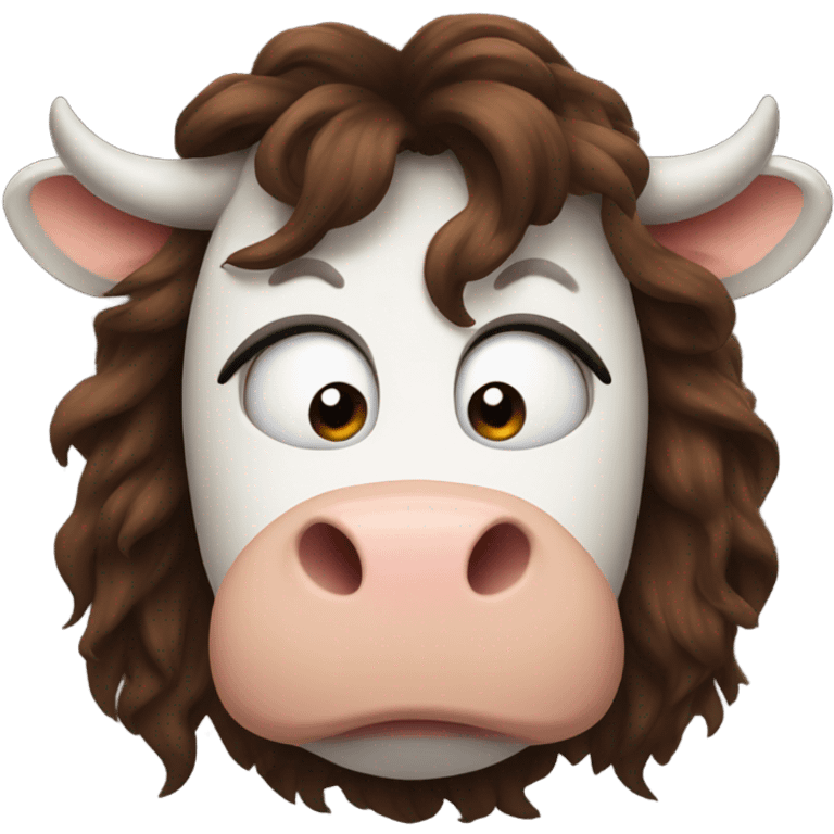 Evil cow with long brown human hair emoji