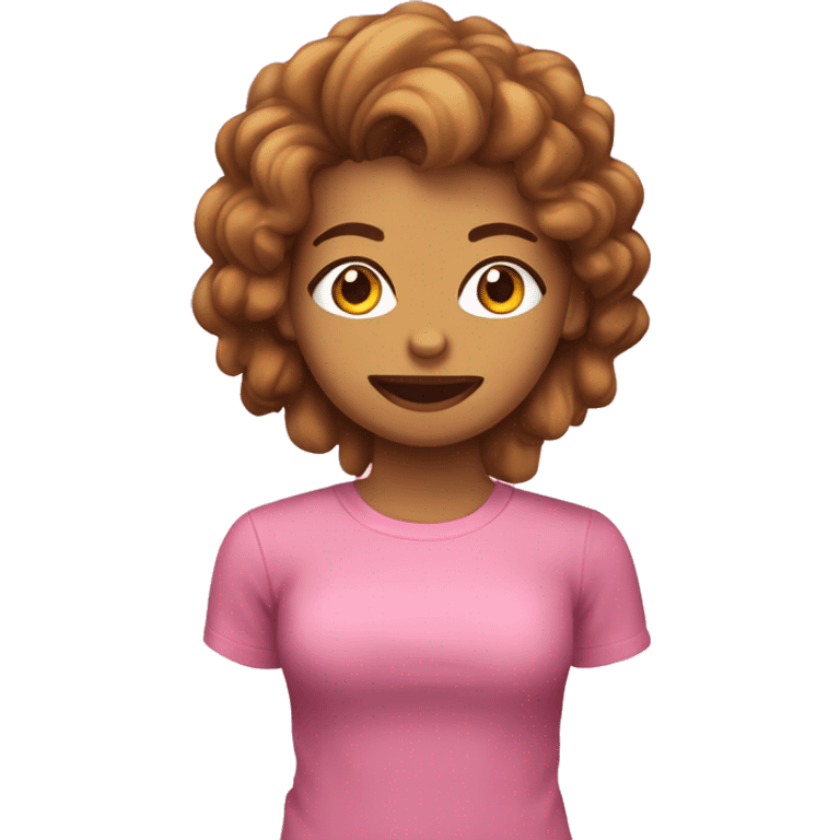 chica con el pelo ondulado castaño ojos marrones y camiseta rosa emoji