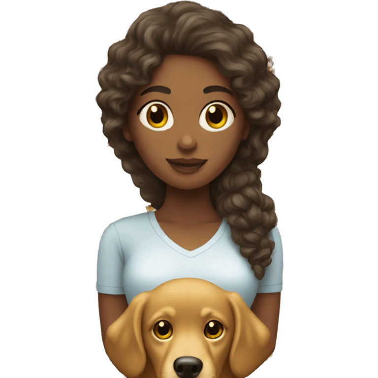 Brunette, curly long hair woman, with a golden retriever  emoji