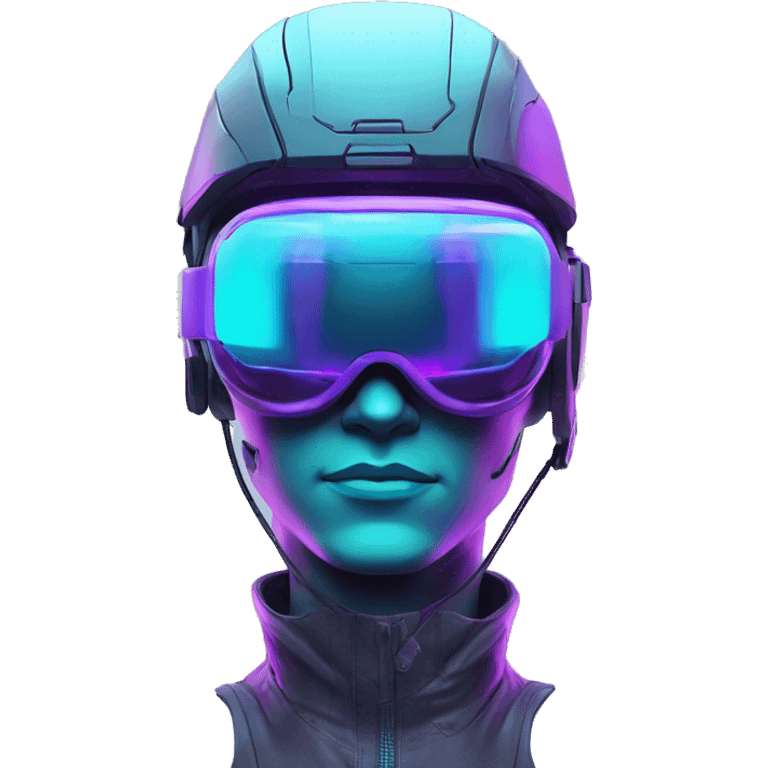 Secret human agent in a futuristic hat with in Apple VR goggles headset code display on the goggles , cyberpunk, cyan and purple colors, only upper body portrait, front facing the camera  emoji