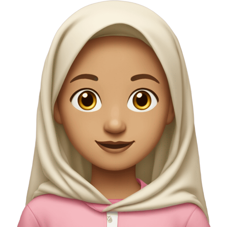 preppy girl,with white hijab, wavy hair, pink clothes, light tan skin, golden earrings, 10 years old  emoji